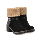 Sippin My Mocha Latte Round-Toe Short Snow Boots Thick Heel With Belt Buckle Black for women
