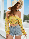 Ruched Off-Shoulder Flounce Sleeve Cropped Top Light Yellow for women