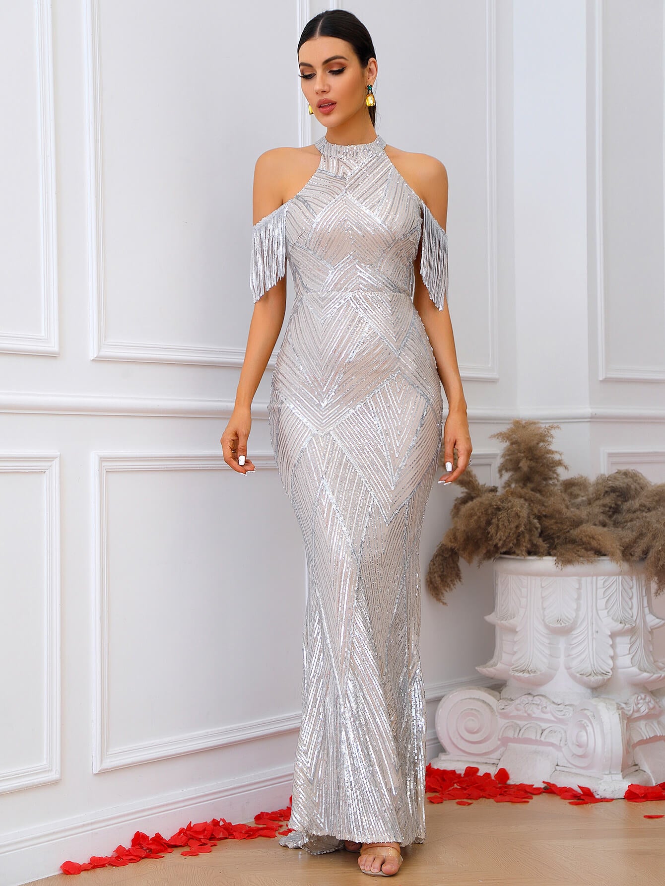 Sequin Cold-Shoulder Fringe Detail Dress Silver for women
