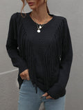 Fringe Detail Ribbed Trim Sweater Black for women