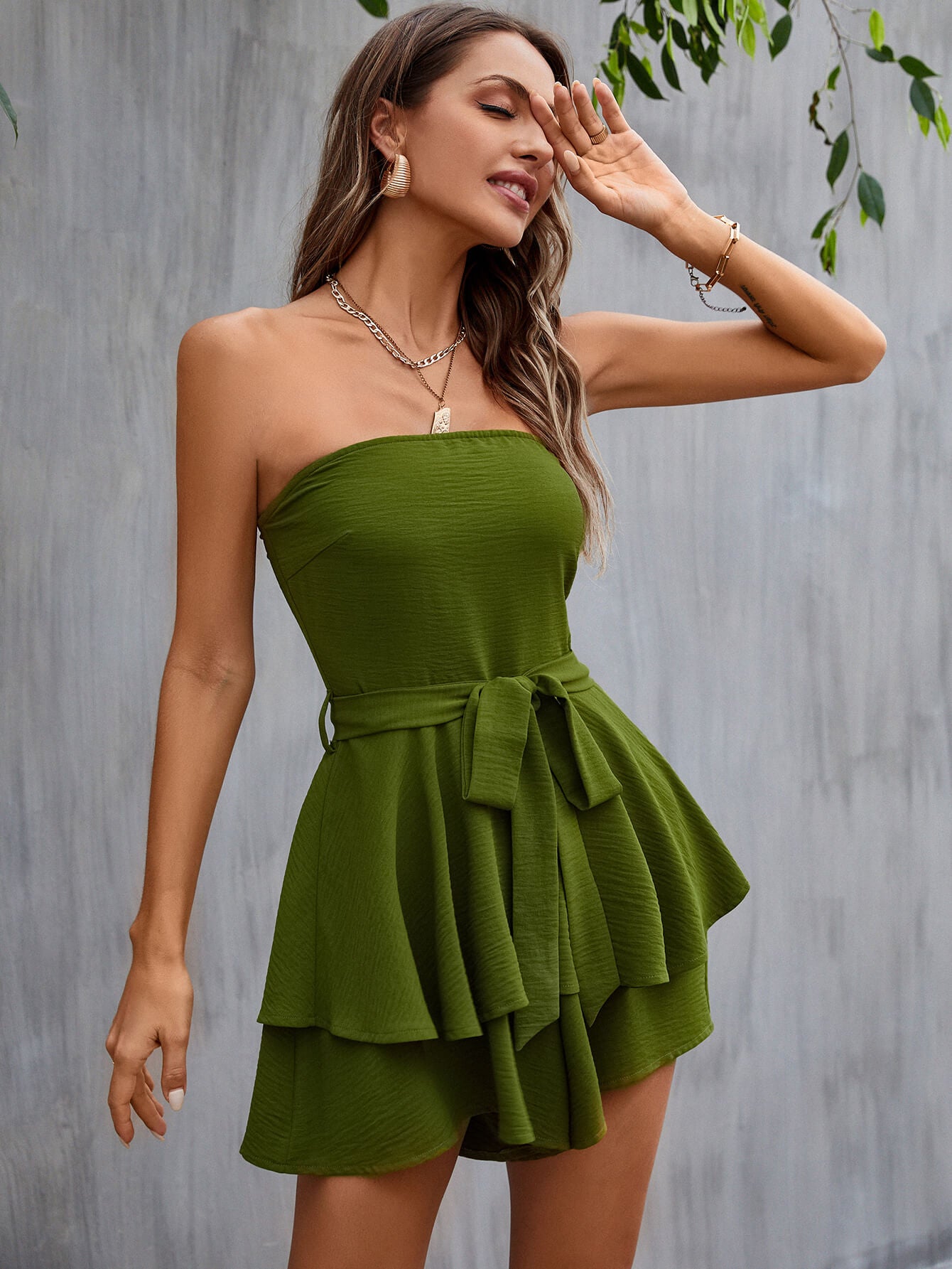 Strapless Belted Layered Romper for women