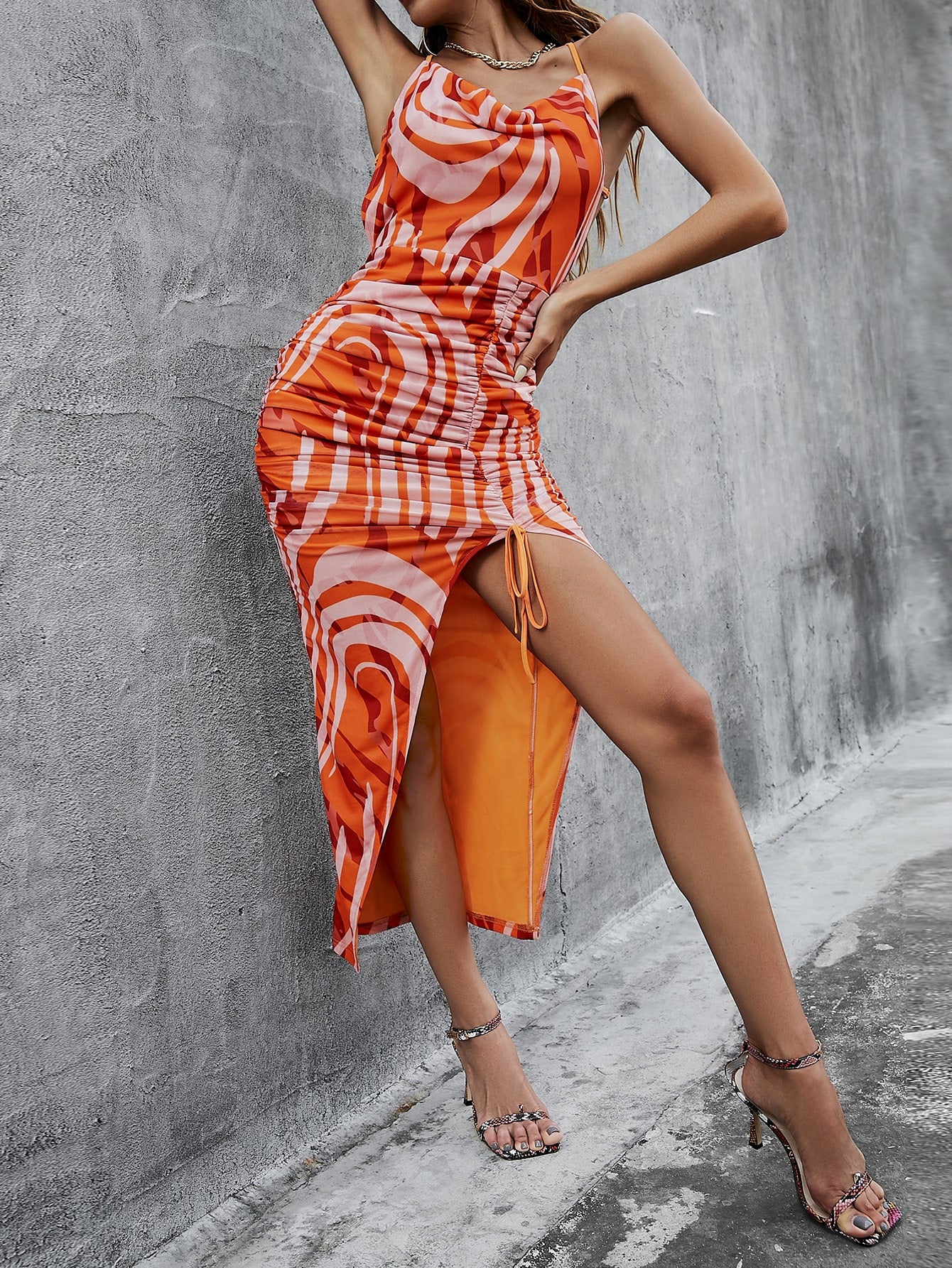 Abstract Print Ruched Slit Hem Backless Dress for women