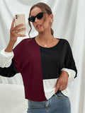 Three-Tone Color Block Dropped Shoulder Long Sleeve Sweater Tee for women