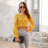 Floral Bubble Sleeve Smocked Top Yellow for women