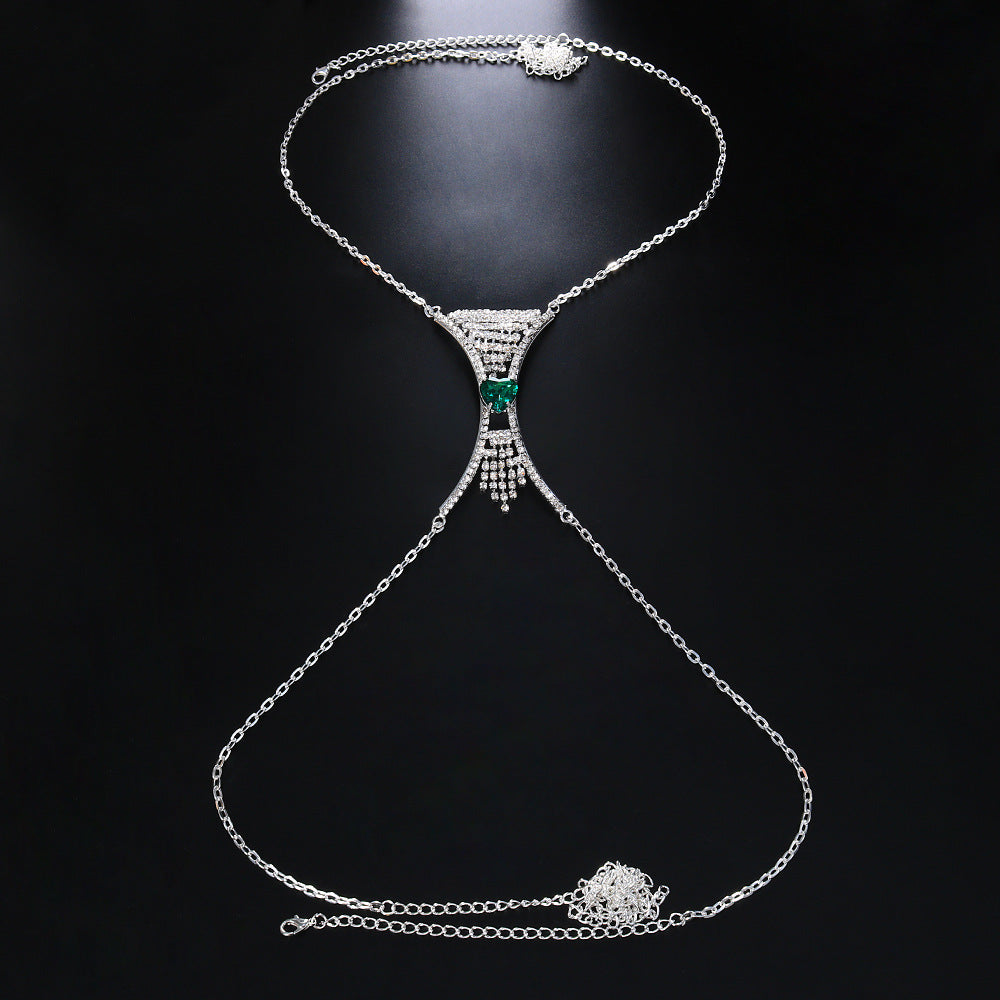 Curved Rhinestone Heart Tassel Body Chain Green Silver for women
