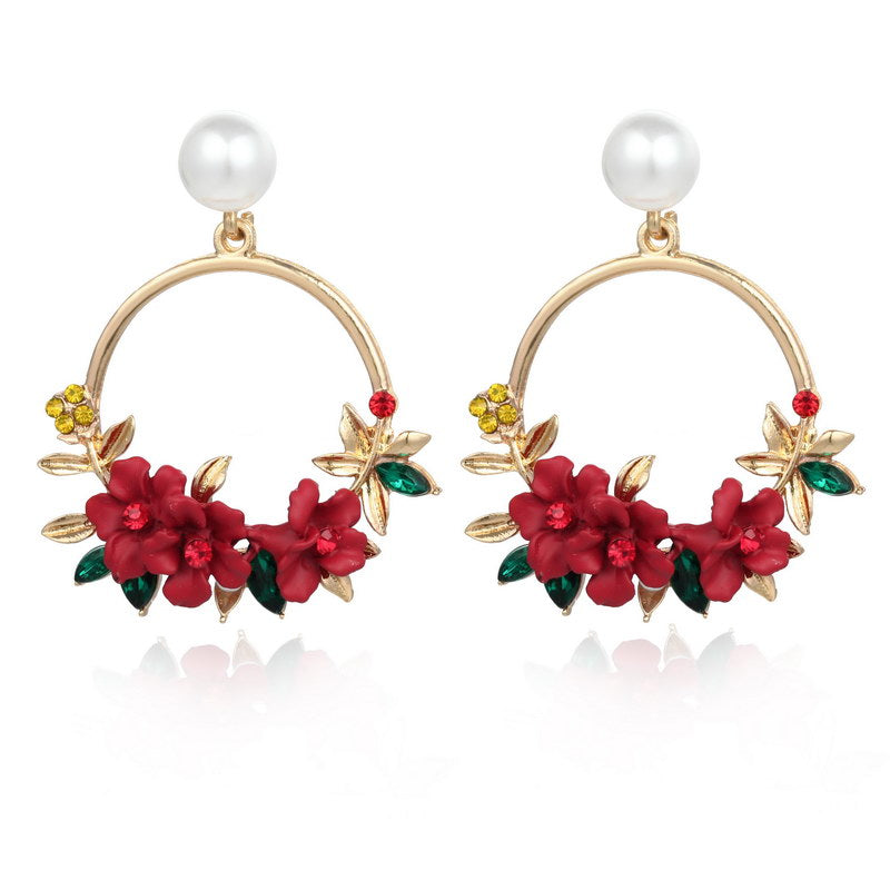 Pink Circle Flower Earrings Red for women