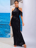 Sequin Cold-Shoulder Fringe Detail Dress Black for women