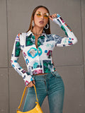 Printed Long Sleeve Cropped Shirt Ice Blue for women