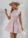 I Am Free Tie-Waist Ruched Frill Trim Tiered Mini Dress Pink for women