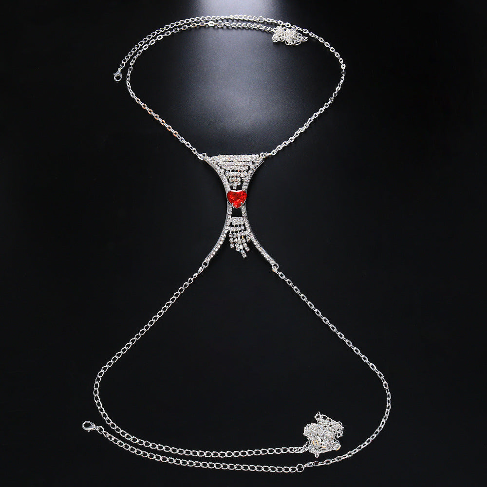 Curved Rhinestone Heart Tassel Body Chain Red Silver for women