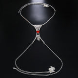 Curved Rhinestone Heart Tassel Body Chain Red Silver for women