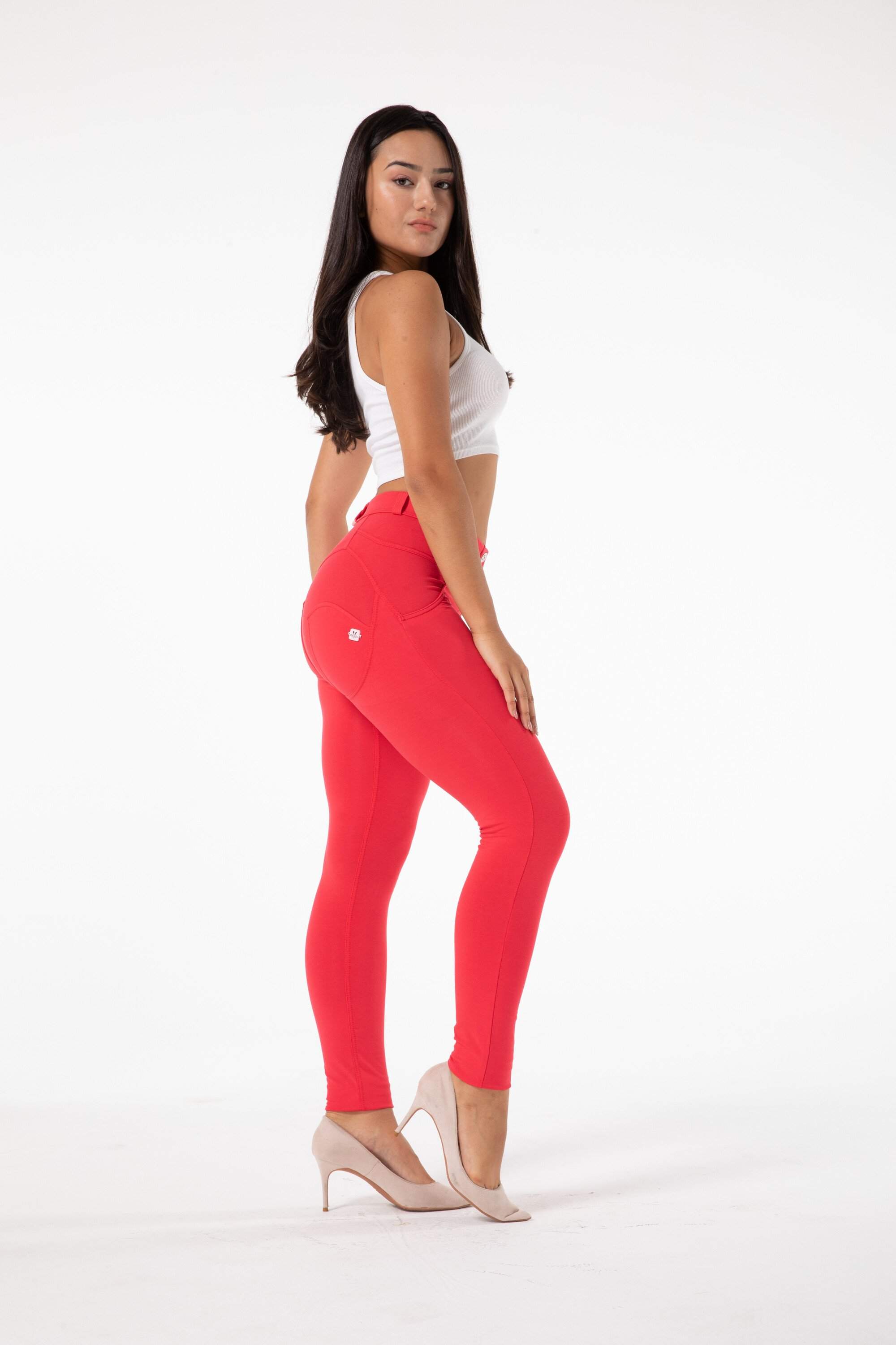 The Audacity Buttoned Watermelon Red Leggings for women